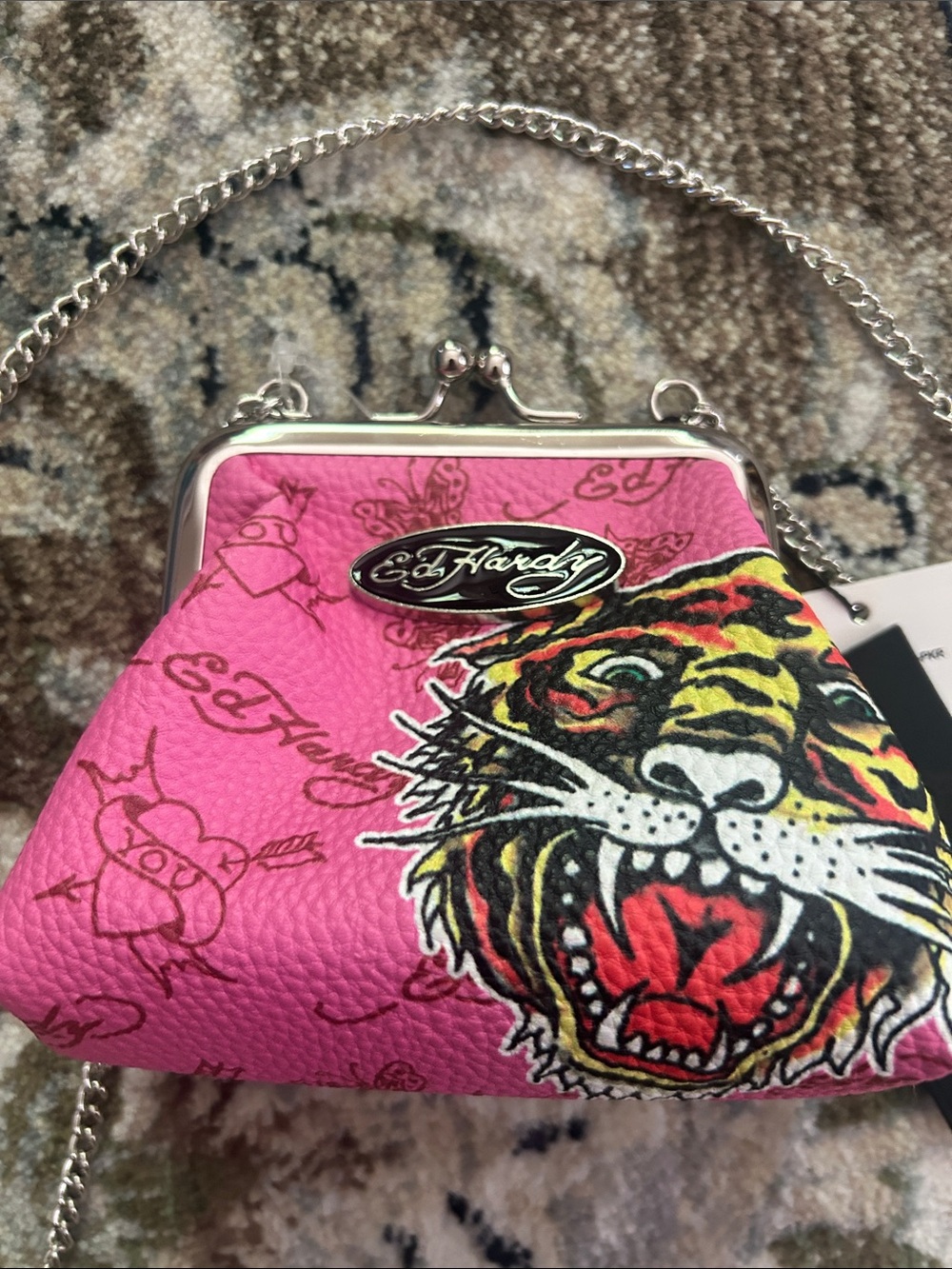 Ed Hardy Hot Pink Tiger Kiss-Lock Crossbody Clutch
